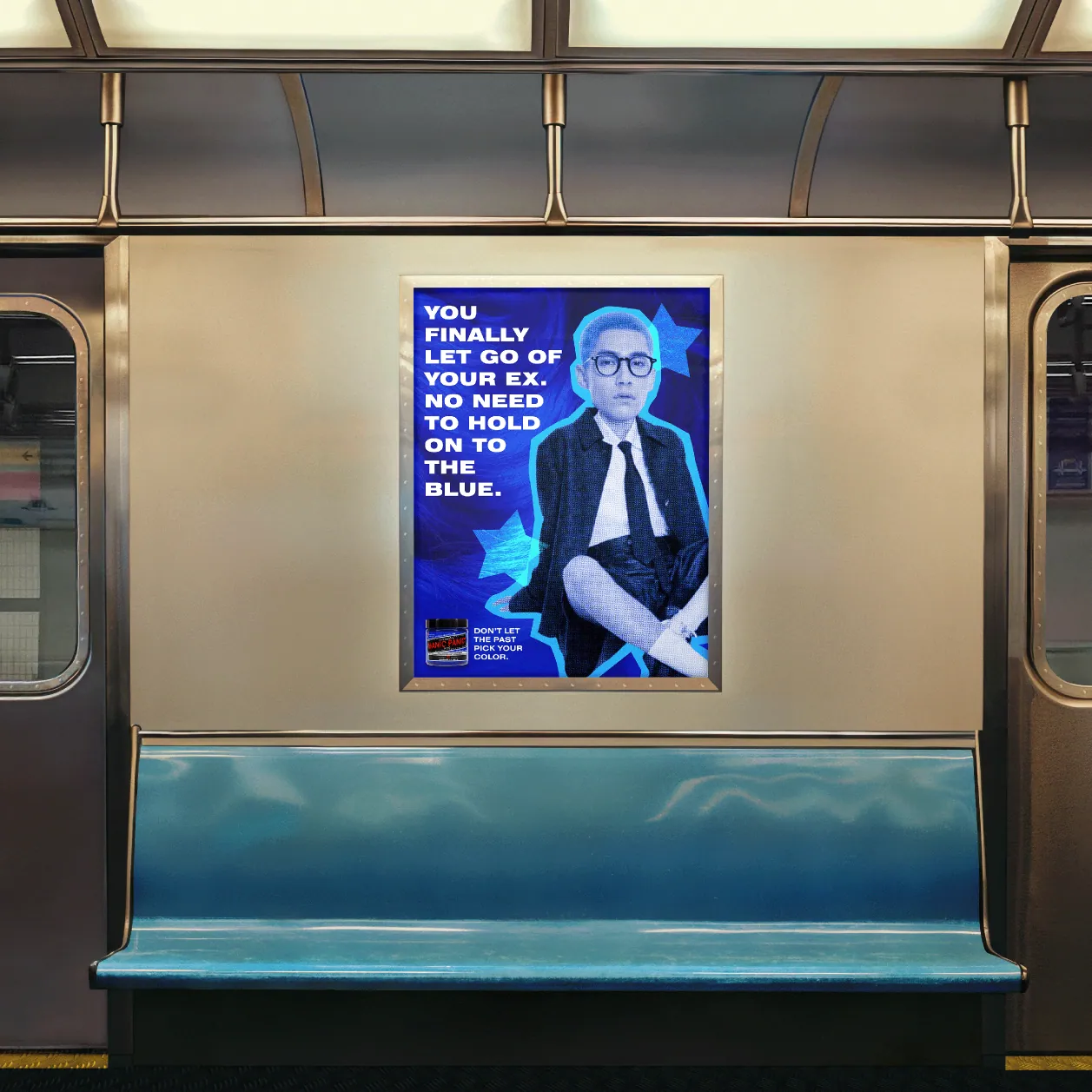Subway car interior — You finally let go of your ex. No need to hold on to the blue.