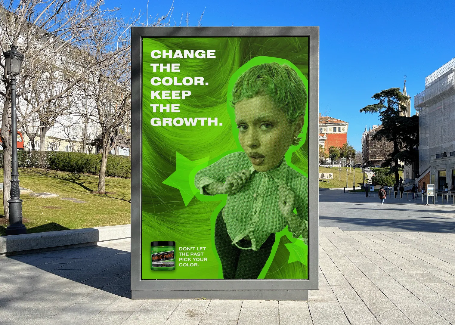 Bus shelter in a plaza — Change the color. Keep the growth.