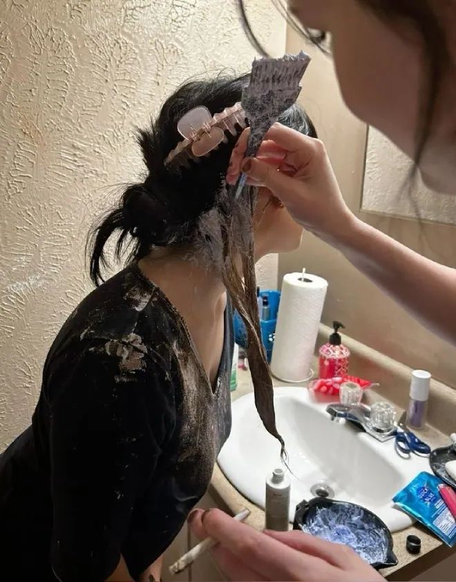 Bathroom-mirror home dye job in progress