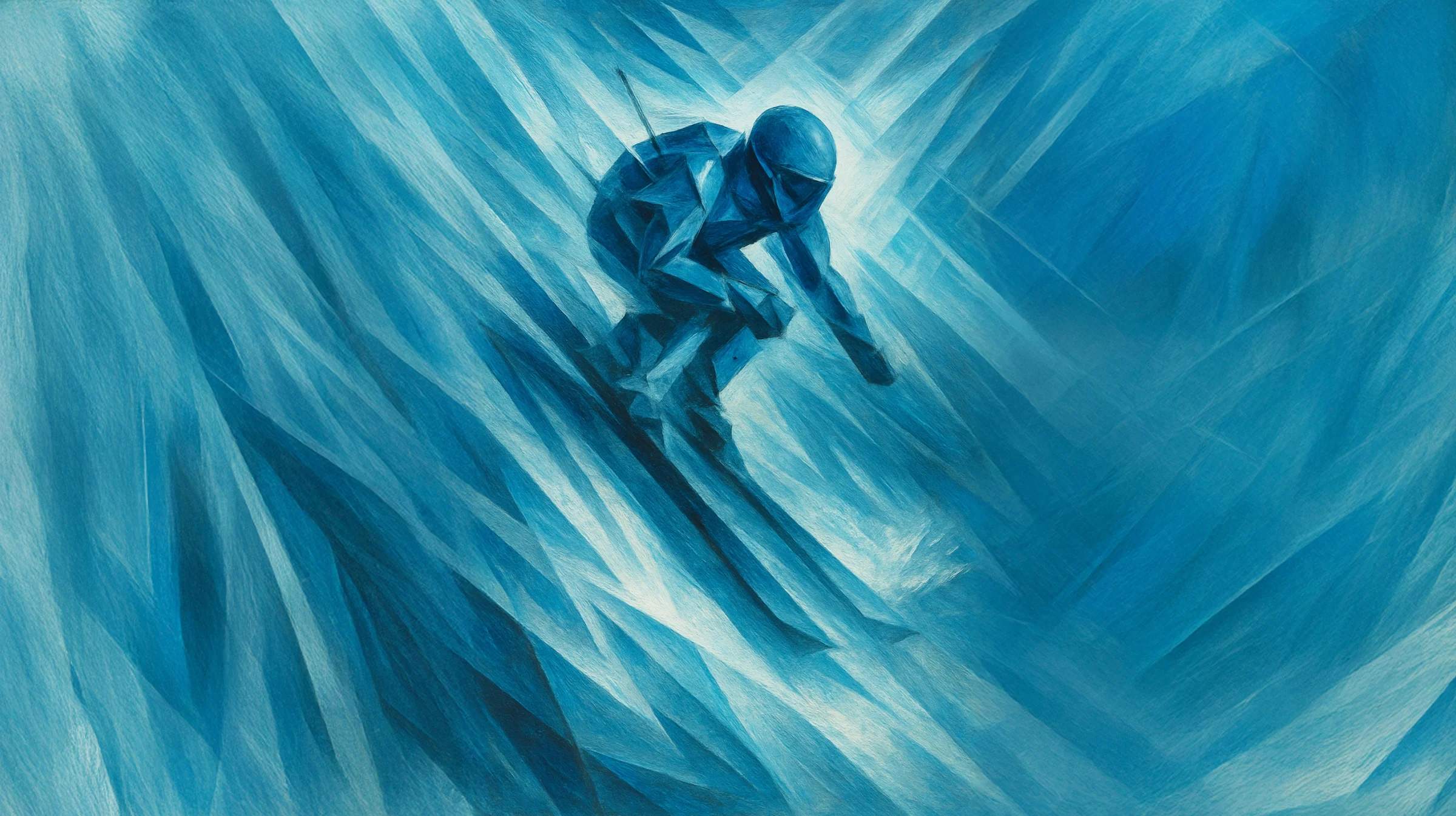 Key visual — a downhill skier rendered in Futurist force lines